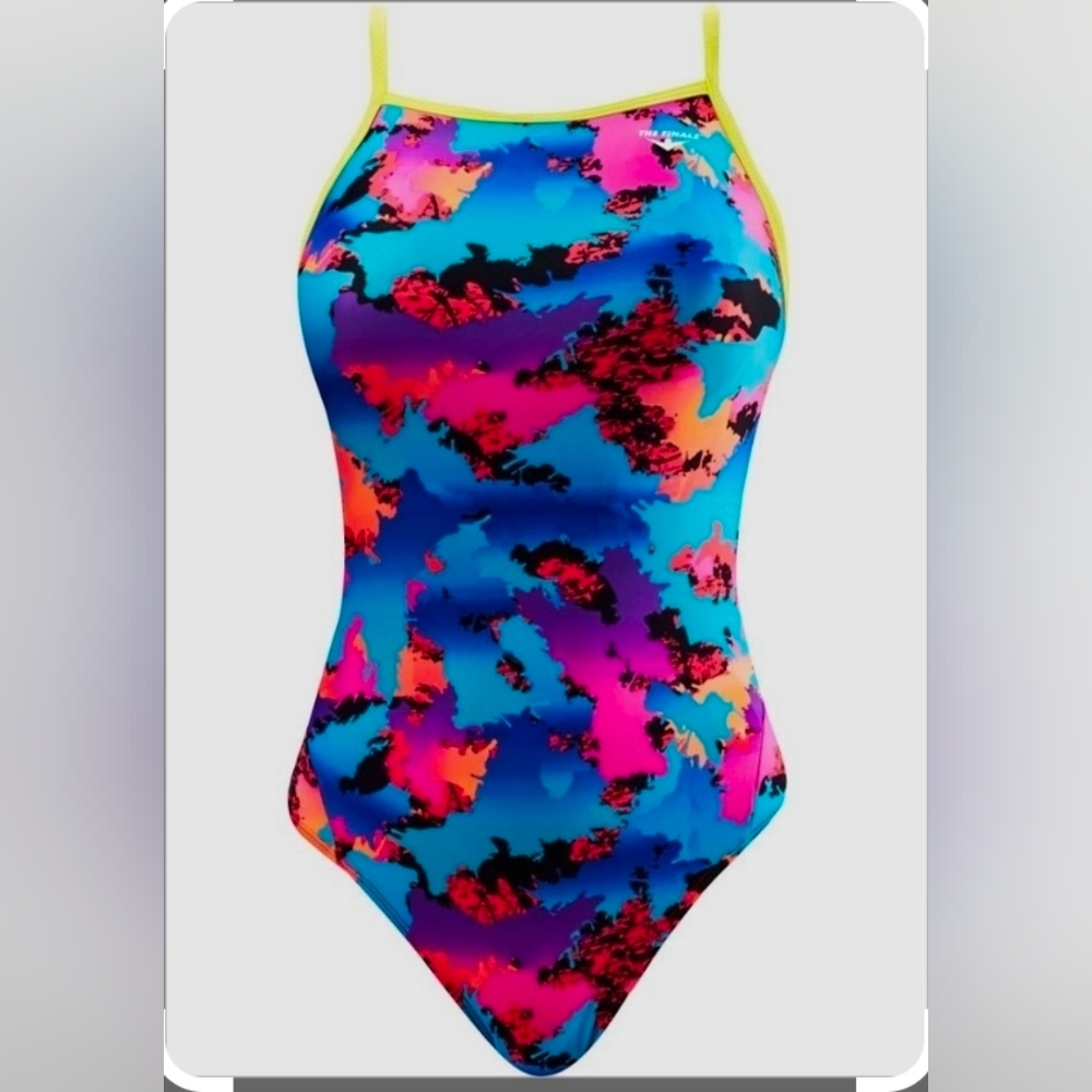 TYR The Finals Funky Non Foil Neon/blue Girls Women's  1 Piece Swim Size 28 New